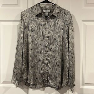 Vintage 90s 100% Silk Button Up Blouse Gray Abstract Pattern Lightweight Size 12